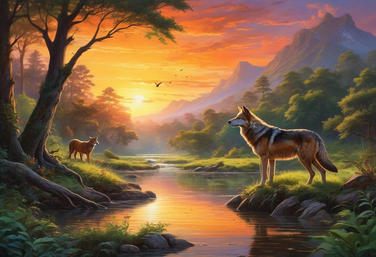 A majestic landscape depicting a vibrant ecosystem, showcasing a diverse range of wild animals like wolves, deer, and birds harmoniously interacting with lush greenery and flowing rivers. Include a vivid sunset or sunrise in the background to symbolize the beauty of nature, with interconnected roots illustrating the bond between species. The scene radiates a sense of unity and protection over wildlife and their habitats. super-realistic. vibrant colors.