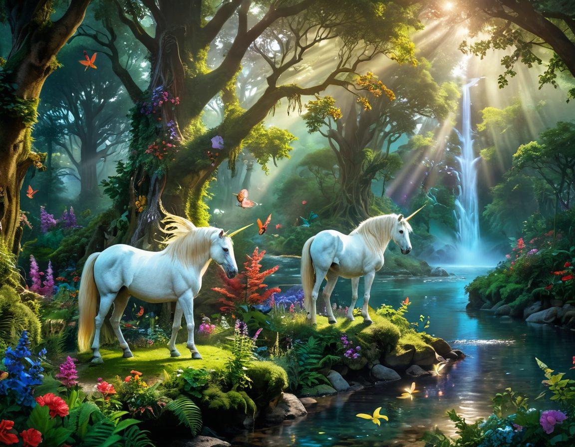 An enchanting forest scene filled with various mythical creatures such as a unicorn, a dragon, and a griffin, all interacting harmoniously within a vibrant ecosystem. Lush greenery and colorful flowers surround them, with a sparkling river in the background that showcases the beauty of biodiversity. Mystical mist adds a surreal touch while sunlight filters through the trees, illuminating the creatures. A gentle blend of realism and fantasy captures the essence of myths in nature. super-realistic. vibrant colors. fantasy art.